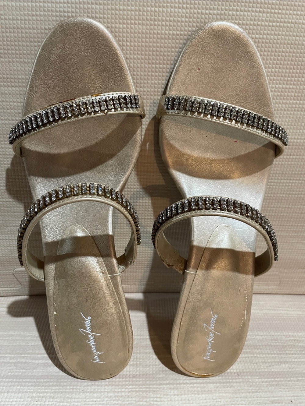 Jacqueline Ferrar Champagne Jeweled Double-Strap Slide Sandals
